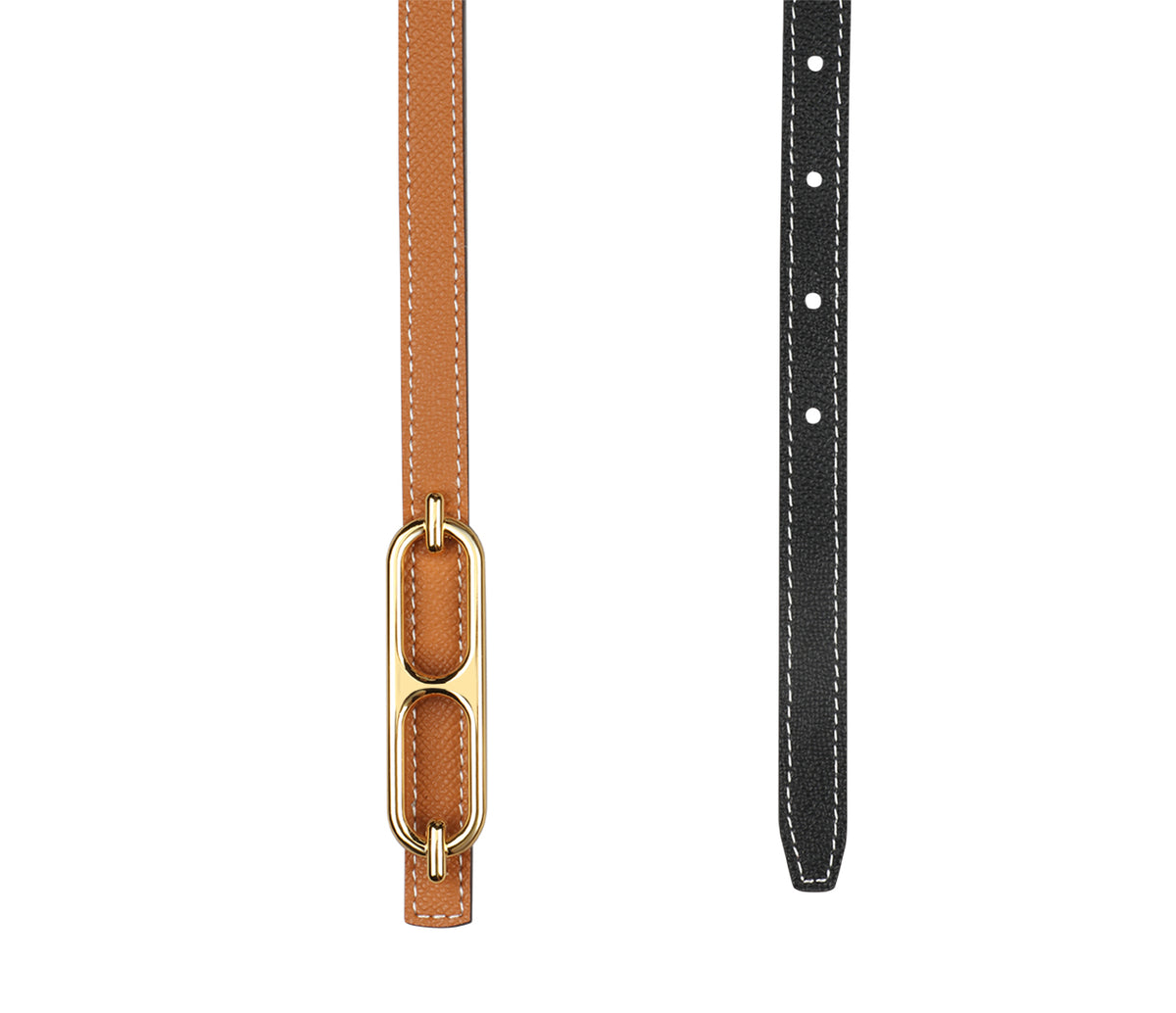 Women's sleek belt in Genuine Leather - Blk-Tan