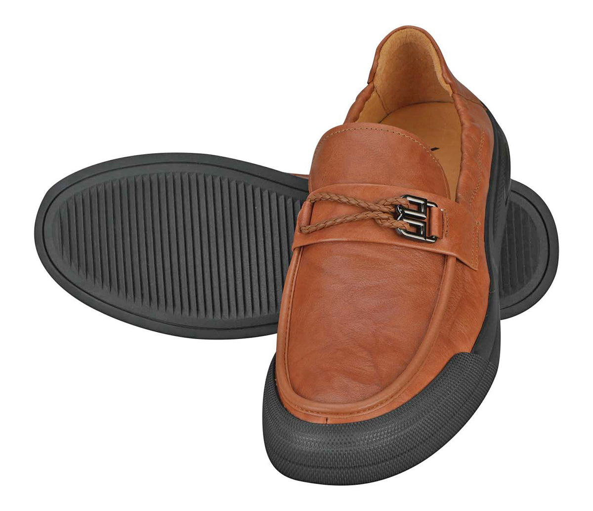 Creased Look Moccasin With Centre Leather Weaved - Tan