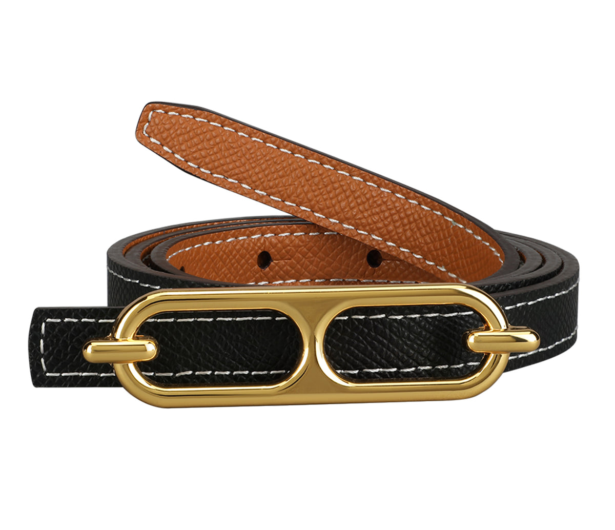 Women's sleek belt in Genuine Leather - Blk-Tan