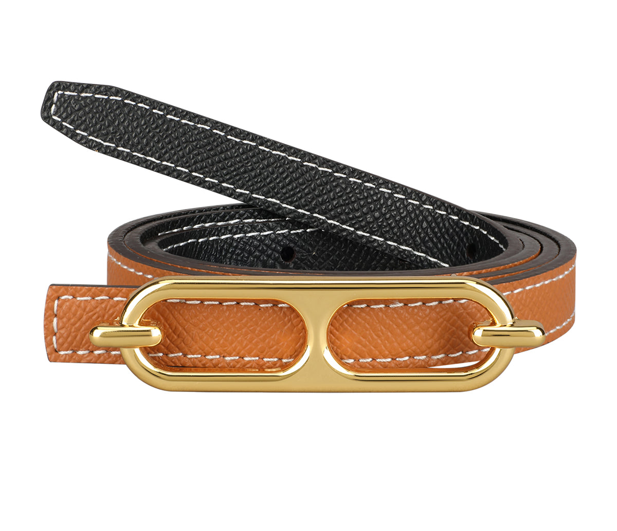 Women's sleek belt in Genuine Leather - Blk-Tan