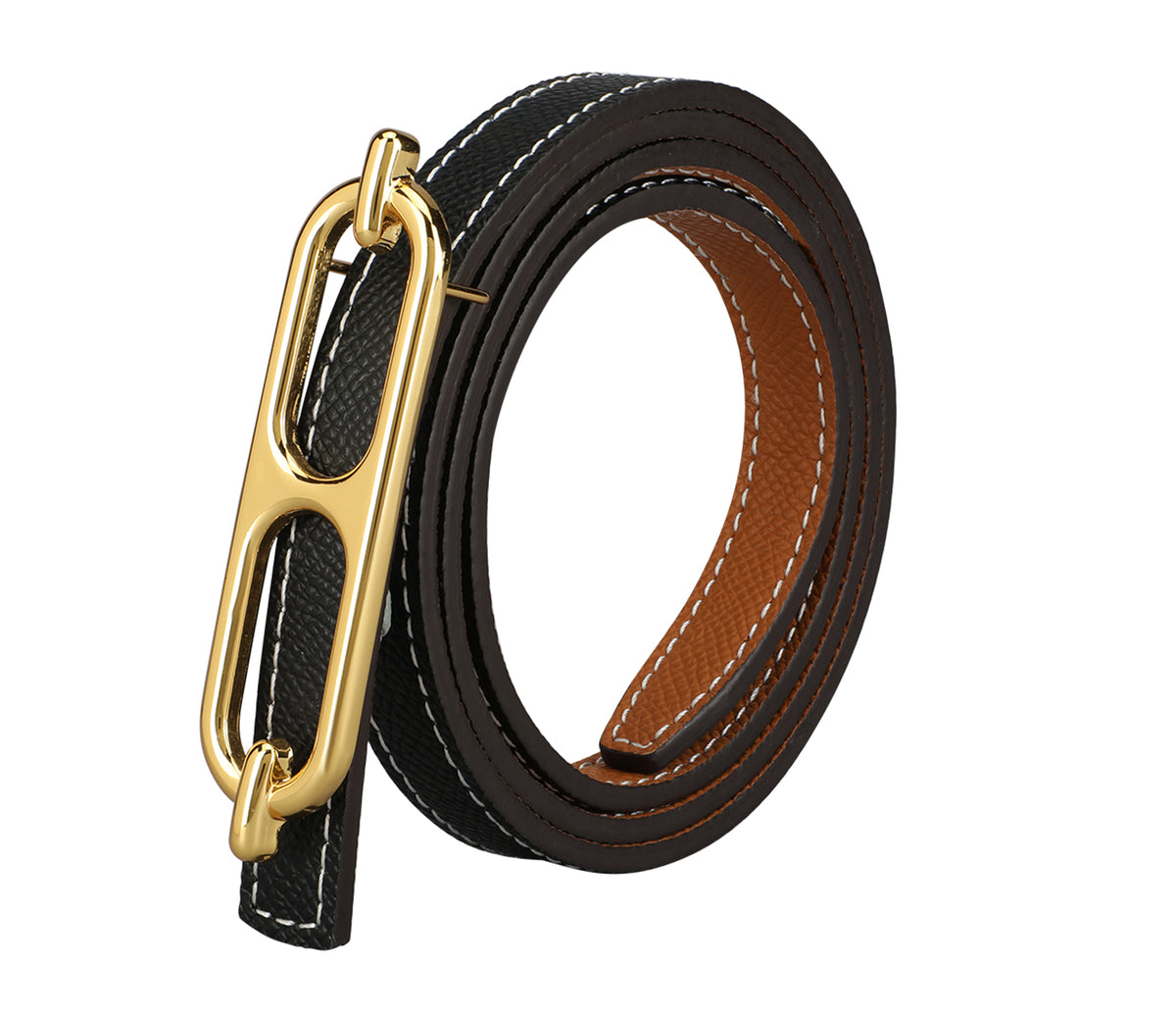Women's sleek belt in Genuine Leather - Blk-Tan