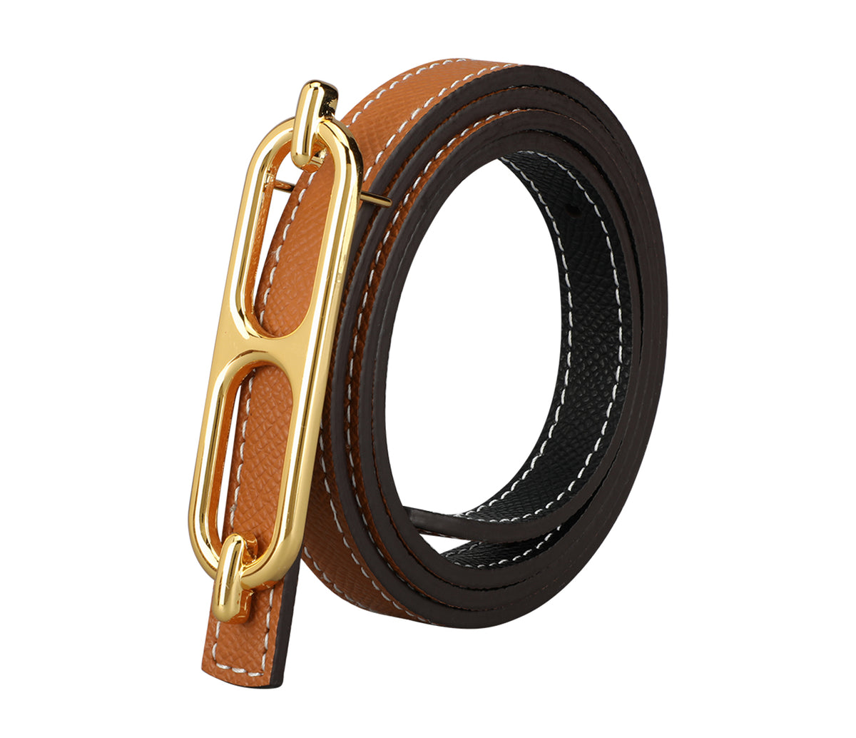Women's sleek belt in Genuine Leather - Blk-Tan