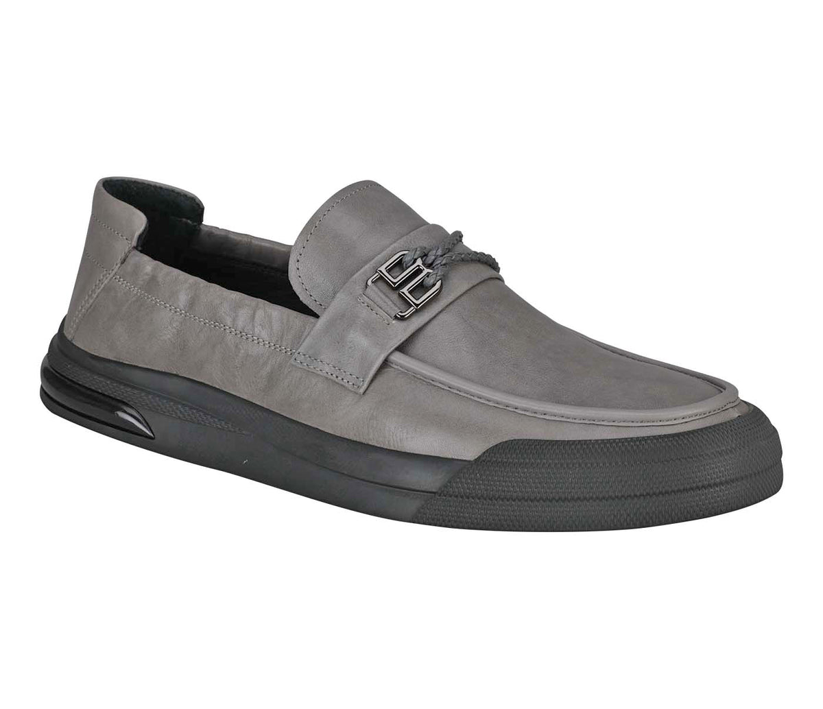 Creased Look Moccasin With Centre Leather Weaved -Grey