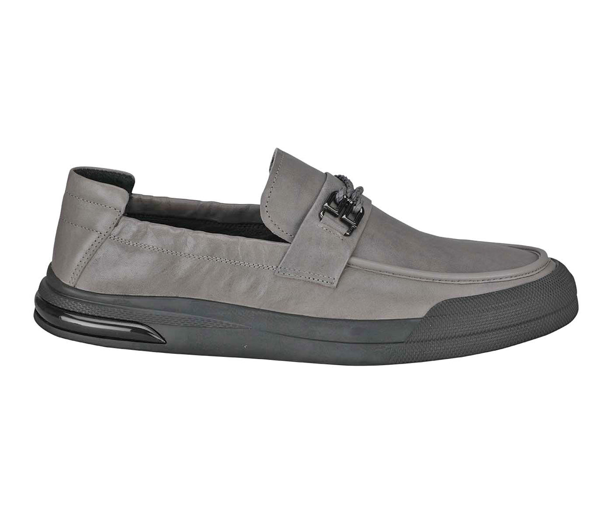 Creased Look Moccasin With Centre Leather Weaved -Grey