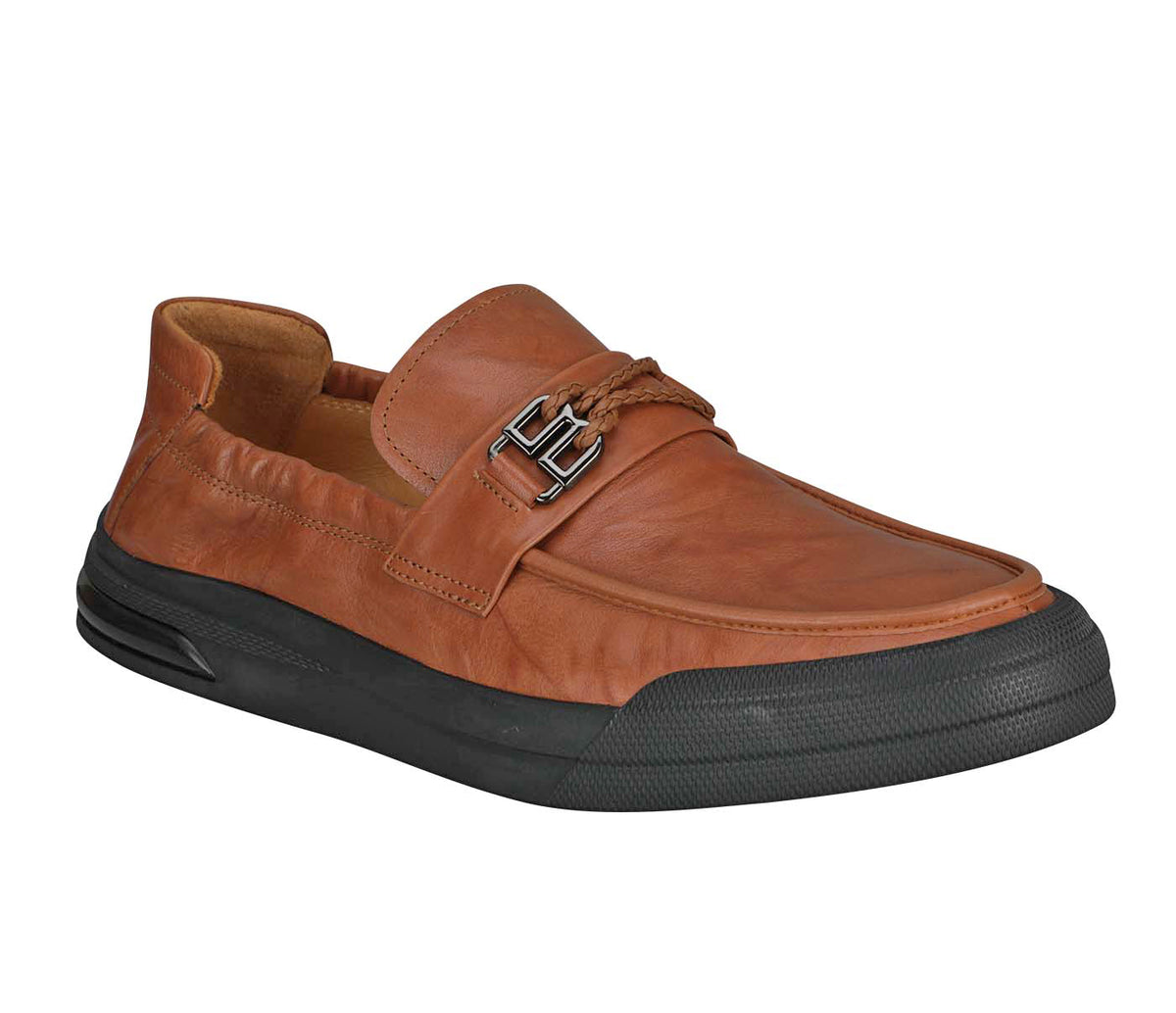 Creased Look Moccasin With Centre Leather Weaved - Tan