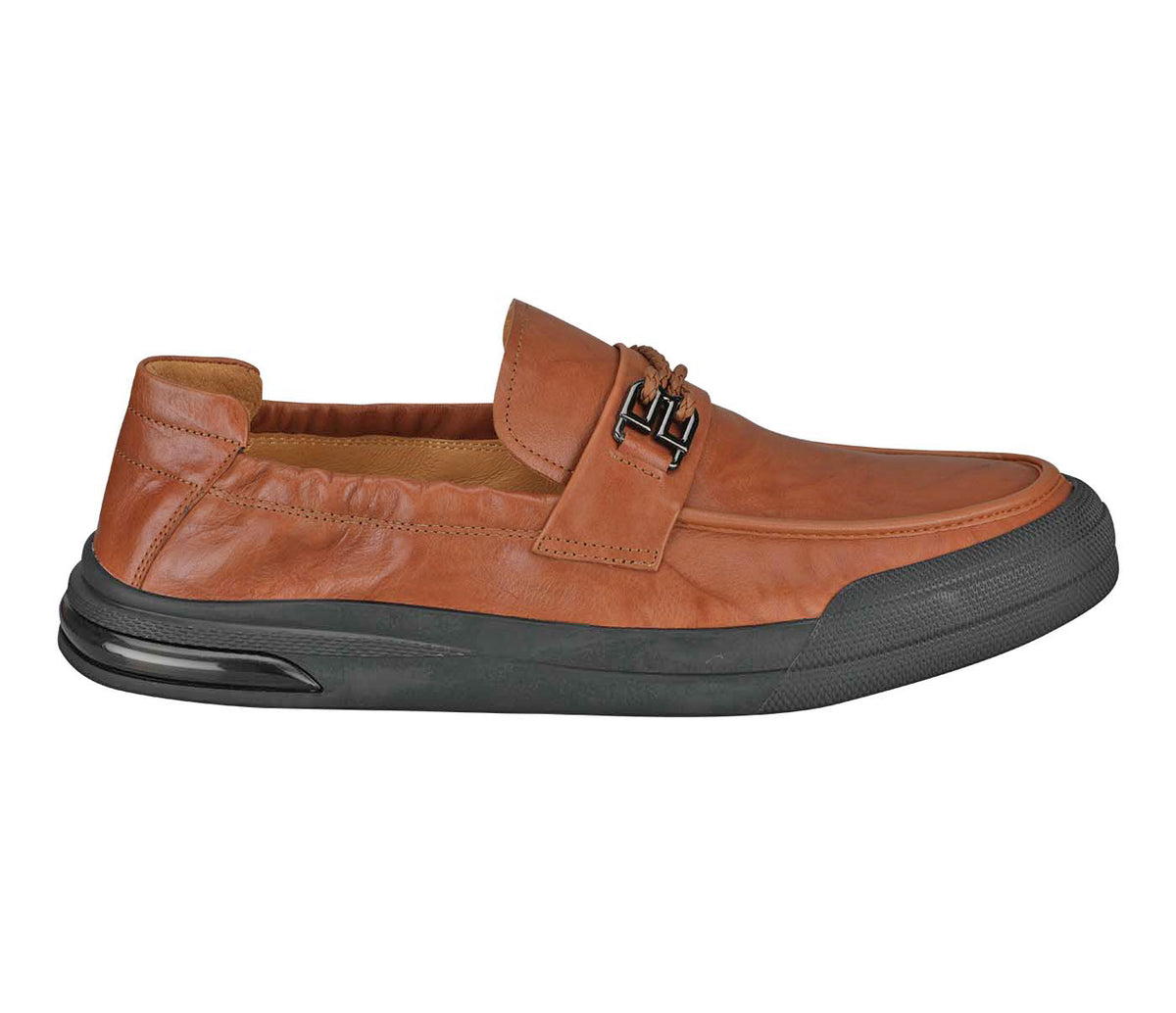 Creased Look Moccasin With Centre Leather Weaved - Tan